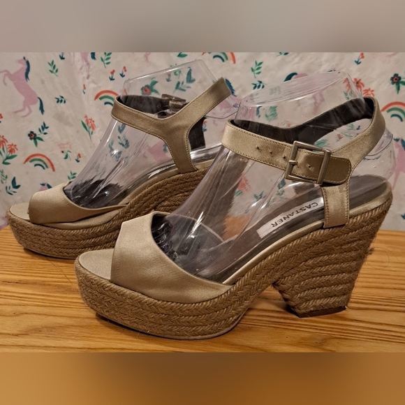 Castaner Metallic Gold Silk & Jute Wedge Boho Neutral Peep Toe Heel Shoe SZ 38 - Picture 3 of 9